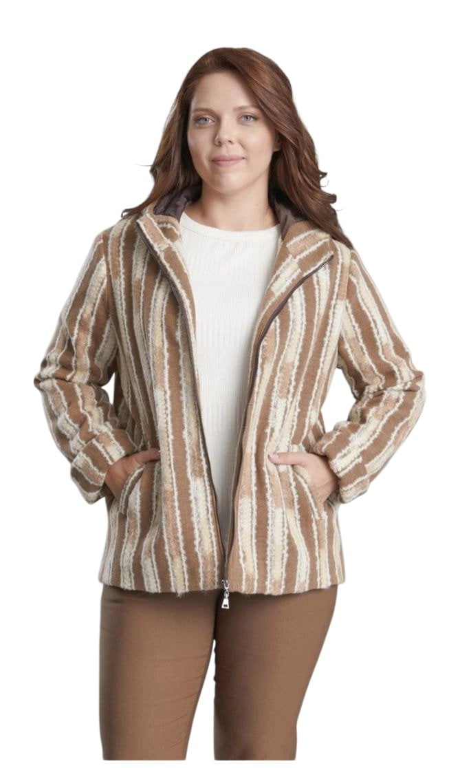 Yünlü Bej Kahve  Çizgili Kapşonlu Kaban