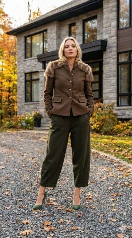 Haki Rengi Yarım Şalvar Gabardin Pantolon