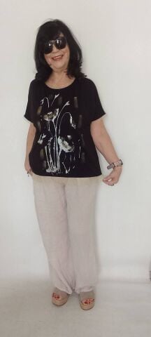Siyah Dore Fileli Önü Baskılı  Cotton Bluz