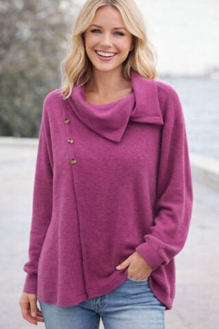 Büyük Beden Füjya Şardonlu Degaje Yaka Dügme Detaylı Triko Kazak