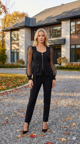 Siyah Üste Oturan Tül Kollu Önü Fermuarlı Bluz