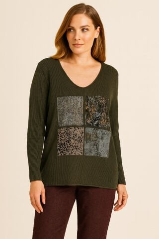 Haki Yeşil İtalyan Viskon Bluz Öönünde Leopar Deseni Olan Triko