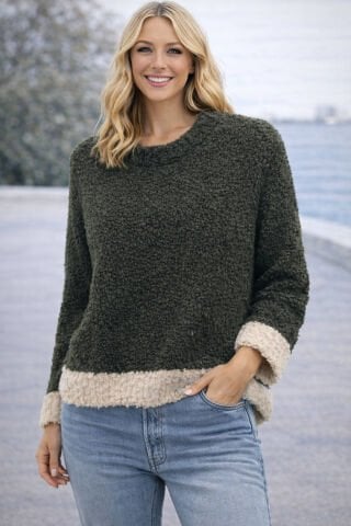 İtalyan Haki Rengi Kemik Rengi Garnili Buklet Yumuşacık Triko Kazak