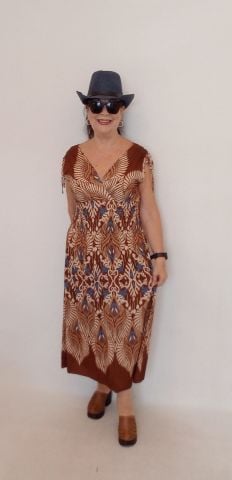 Büyük Beden Taba  Kilim Desenli Kruvaze Yaka Bel Lastikli Viskon Elbise