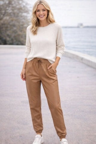 İtalyan  Camel Rengi Deri Bol  Pantalon