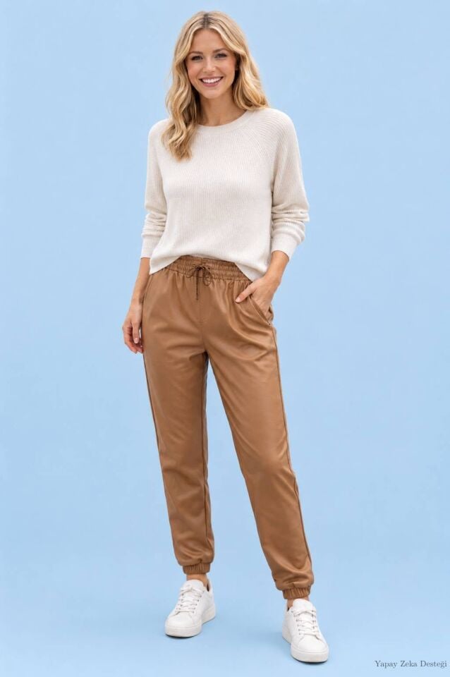 İtalyan Camel Rengi Deri Bol Pantolon