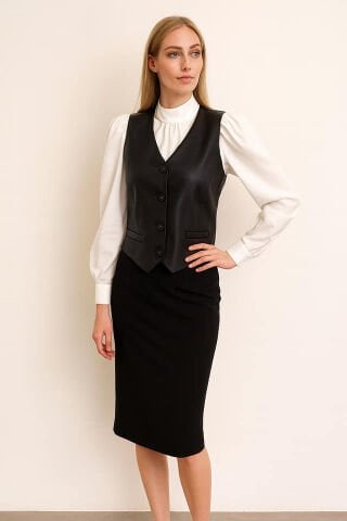Siyah önden Dügmeli  Deri Yelek