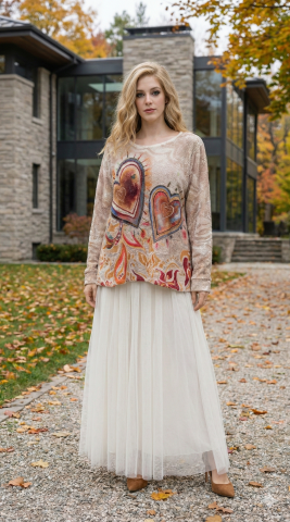 İtalyan Merserize Bej Rengi Desenli  Triko  Bluz