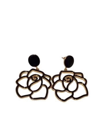 Dore Siyah Çiçek Motifli Büyük Sallantılı Küpe