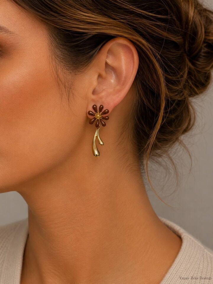 Dore Kahve Çiçek Modeli Küpe