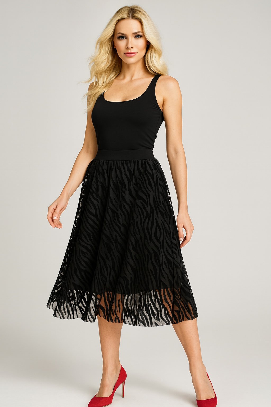 Büyük Beden Beli Lastikli Yakma Tüllü Kloş Etek