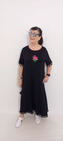 Büyük Beden  Siyah Cotton  Püsküllü  Kısa Kollu Penye Elbise