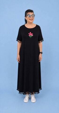 Büyük Beden  Siyah Cotton  Püsküllü  Kısa Kollu Penye Elbise
