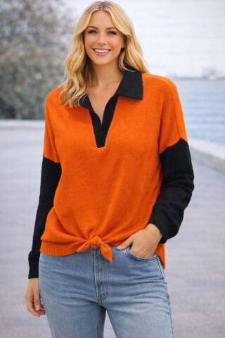 Oranj  Siyah Yakalı İki Renkli Triko Kazak