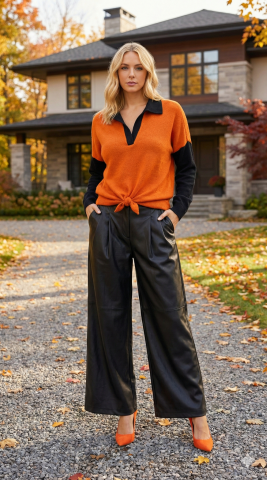 Oranj  Siyah Yakalı İki Renkli Triko Kazak