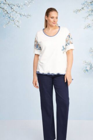 Büyük Beden  Beyaz  Cotton Kolları Esprili Viskon  Bluz