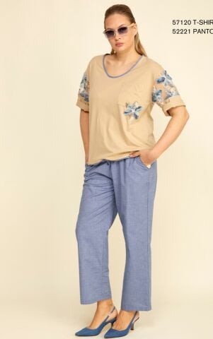 Büyük Beden  Camel Rengi  Cotton Kolları Esprili Viskon  Bluz