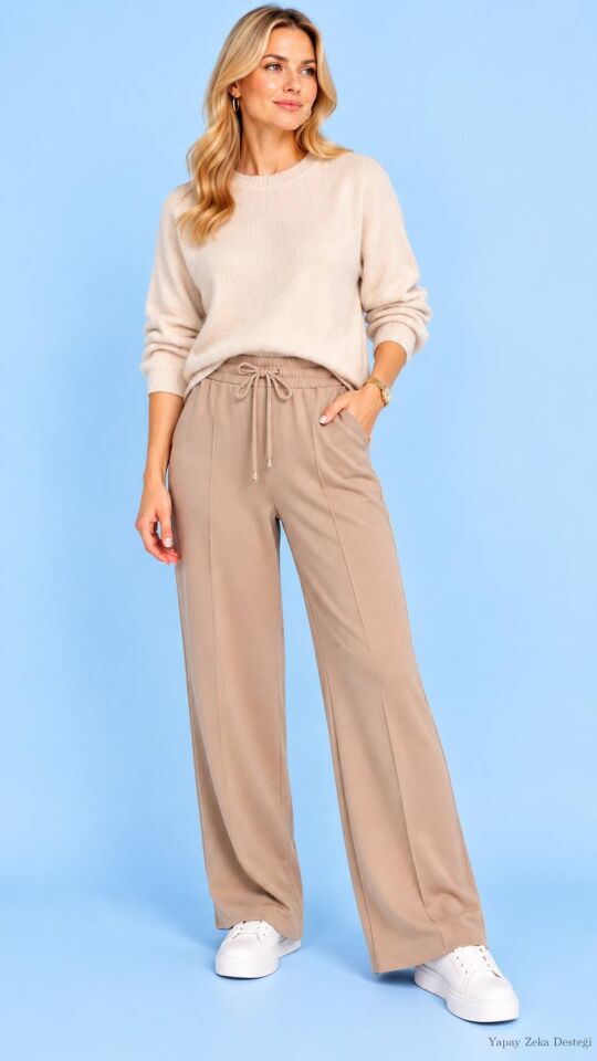 Viskon  Cotton Bej Rengi  Önü Dikişli Beli Lastikli  Pantolon