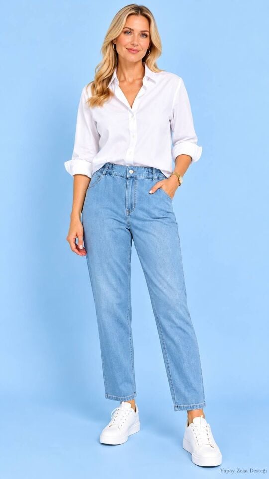 Likralı Açık Renk Jean Beli Lastikli Pantalon