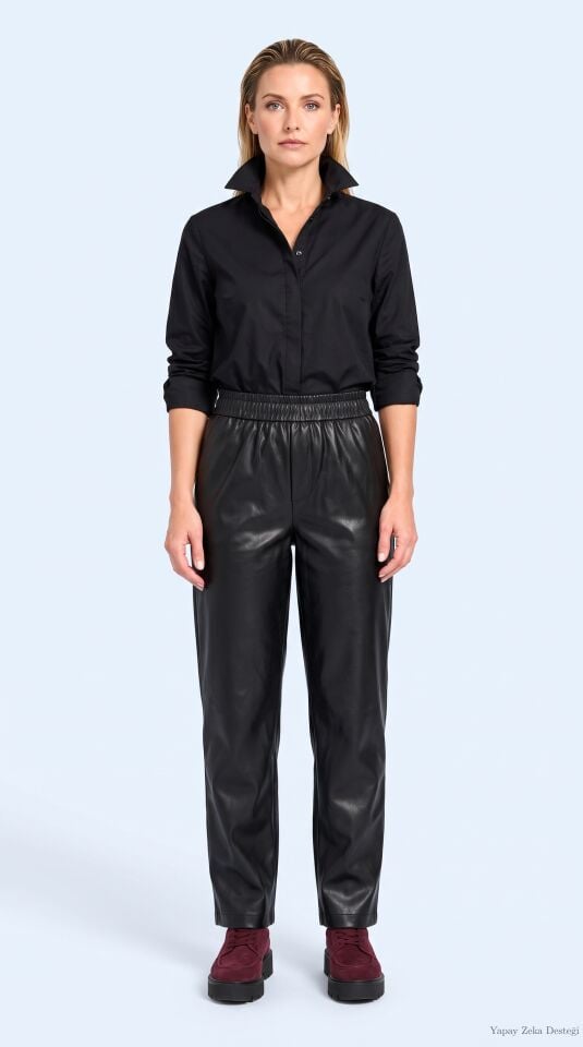 Siyah Deri Boru Paça Beli Lastikli Pantalon