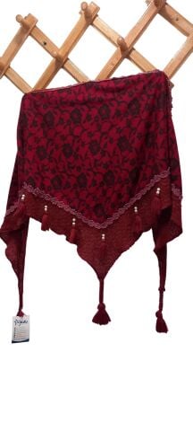 Bordo Üçgen Püsküllü  Yünlü Fular