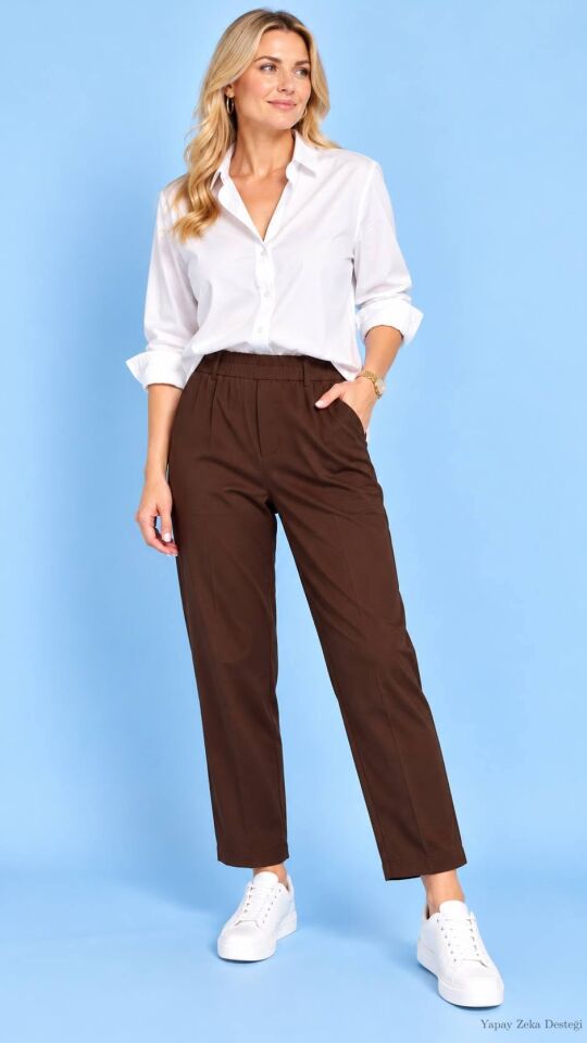 Likralı Gabardin Kahve Rengi Beli Lastikli Boru Paça Pantalon