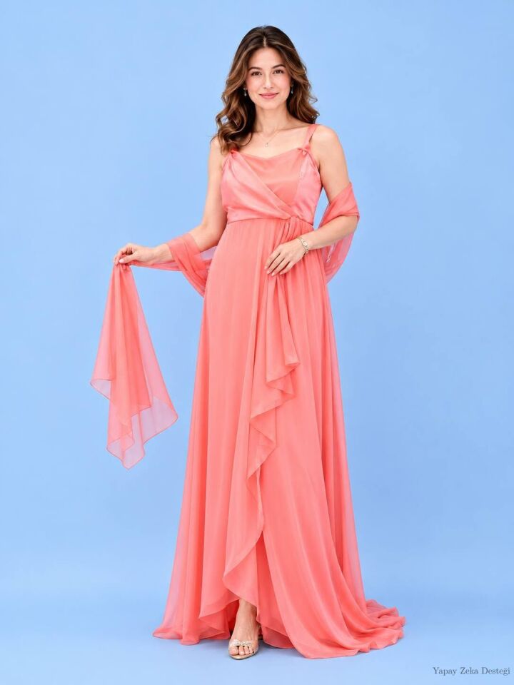 Mercan Rengi Abiye Elbise 55250