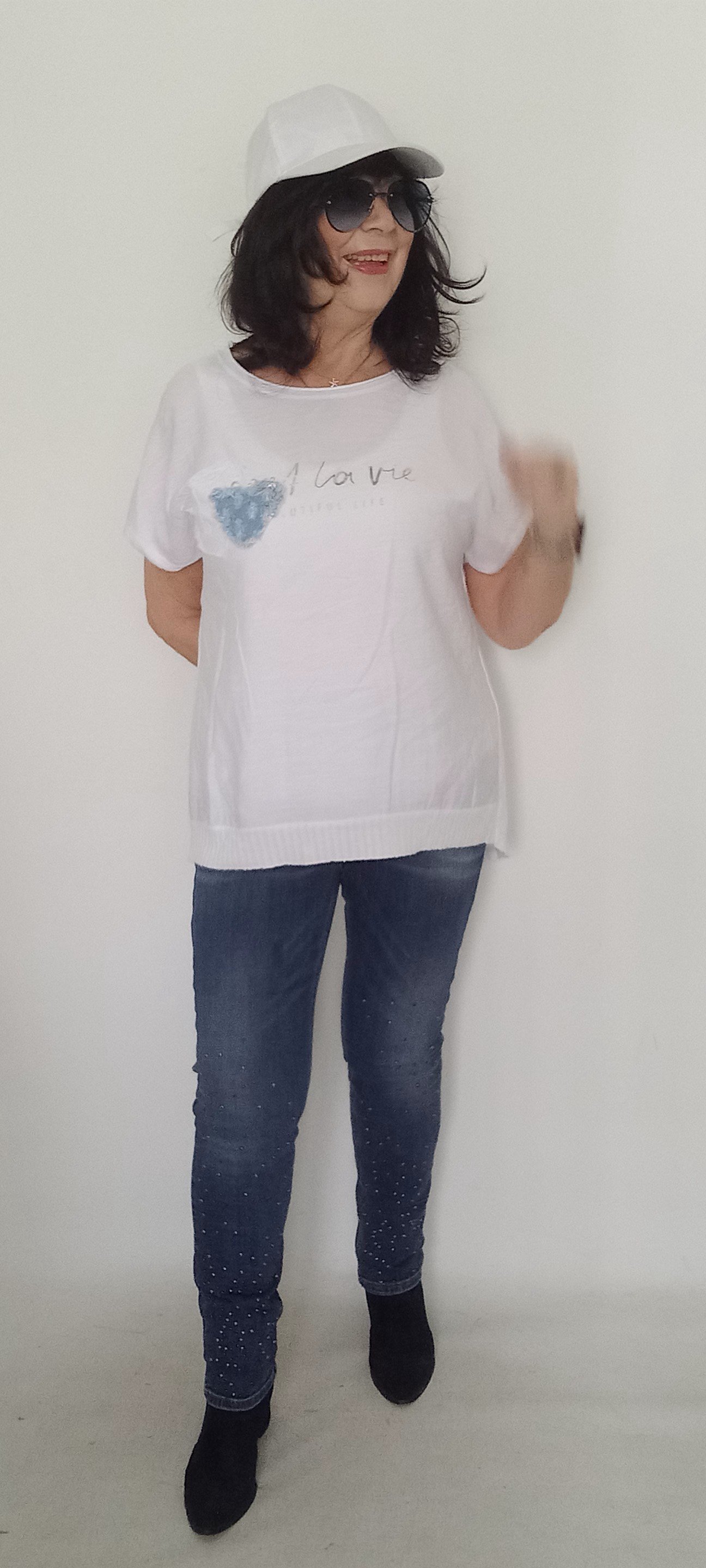 Beyaz Cotton İtalyan Bluz Arkası Penye Önü Viskon Kumaş Kalp Detayı Olan Bluz