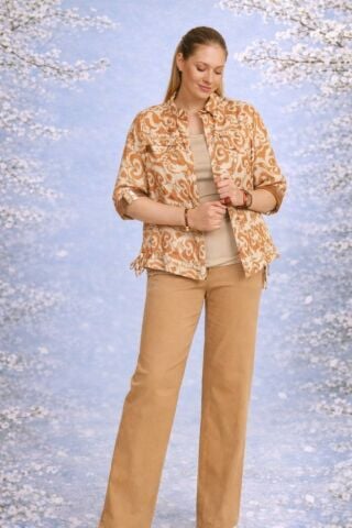 Taba Desenli Keten  Bakırlı Fermuarlı Gömlek Ceket