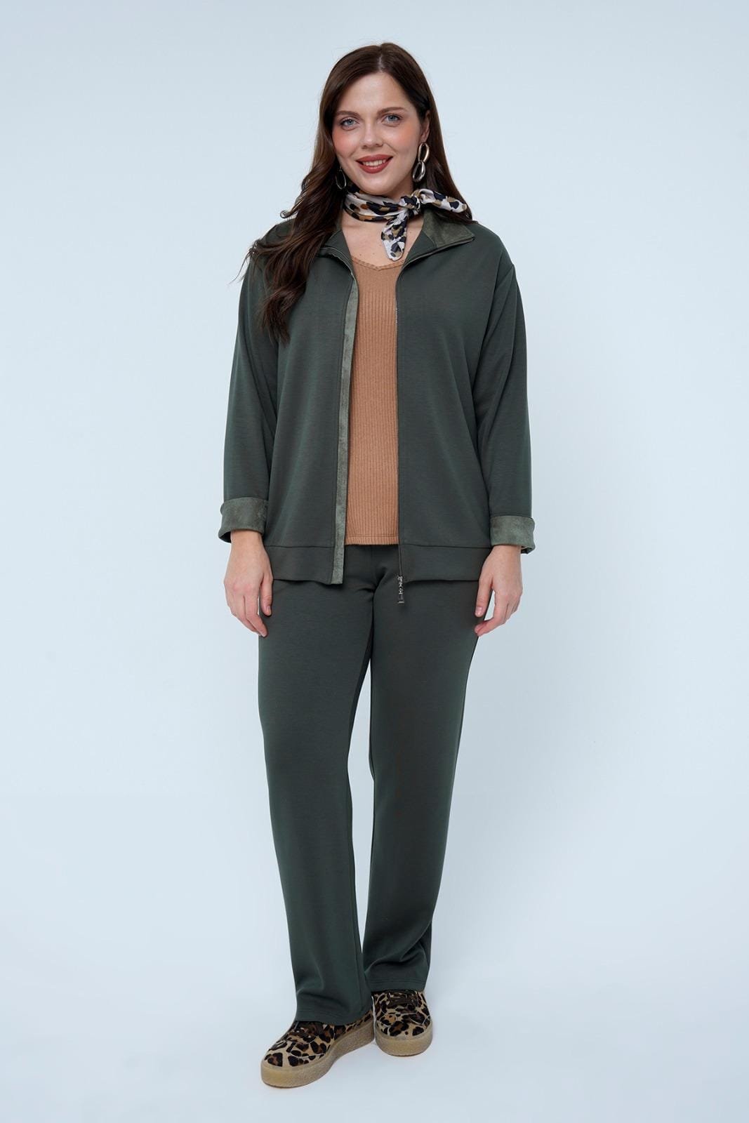 Haki Yeşil   Viskon  Saten Biyeli Fermuarlı Mont Eşofman Takım