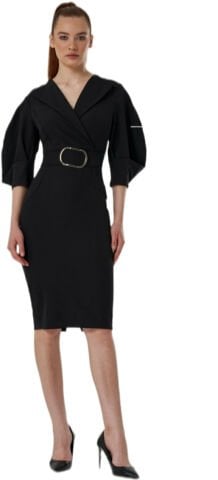 Siyah Likralı Gabardin Önünde Tokası Olan Truakar Kollu Ofis Elbisesi