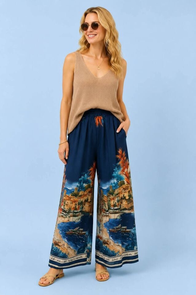 Viskon  Lacivert pano desenli  beli lastikli İtalyan Pantalon