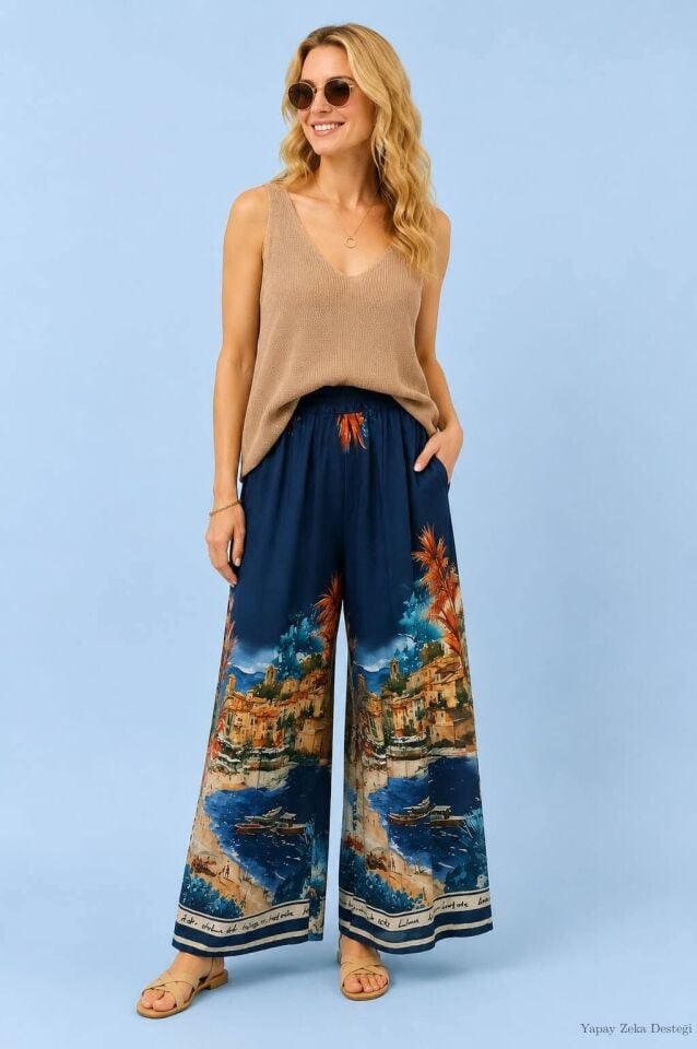 Viskon  Lacivert pano desenli  beli lastikli İtalyan Pantalon