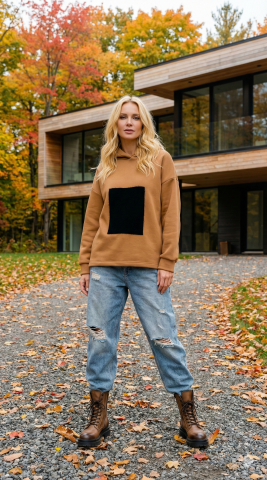 Camel Rengi Kapşonlu Önünde Siyah Panosu Olan Sweat