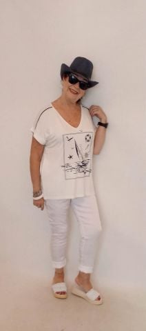 Büyük Beden Beyaz Marin Desenli Kısa Kollu Penye  Bluz