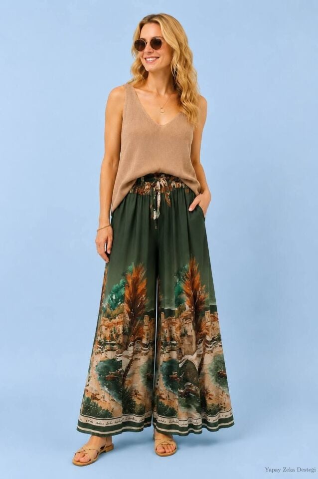 Viskon  Yeşil  pano desenli  beli lastikli İtalyan Pantalon