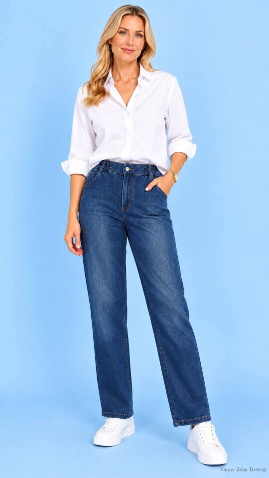 Likralı İndigo Rengi Jean Pantalon