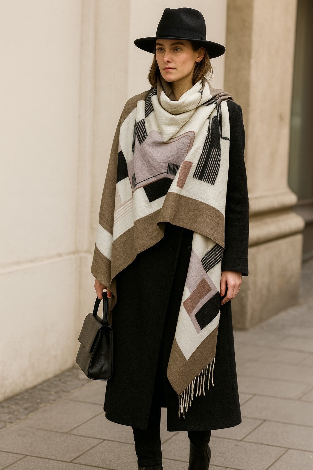 Haki Siyah Kemik Renklerinde Geometri Desn şal