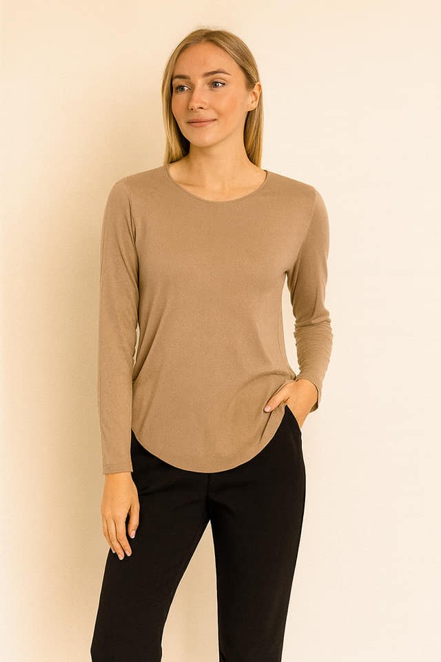 İnce  Bej  İtalyan Yuvarlak  Yaka Triko Bluz