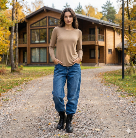 İnce  Bej  İtalyan Yuvarlak  Yaka Triko Bluz