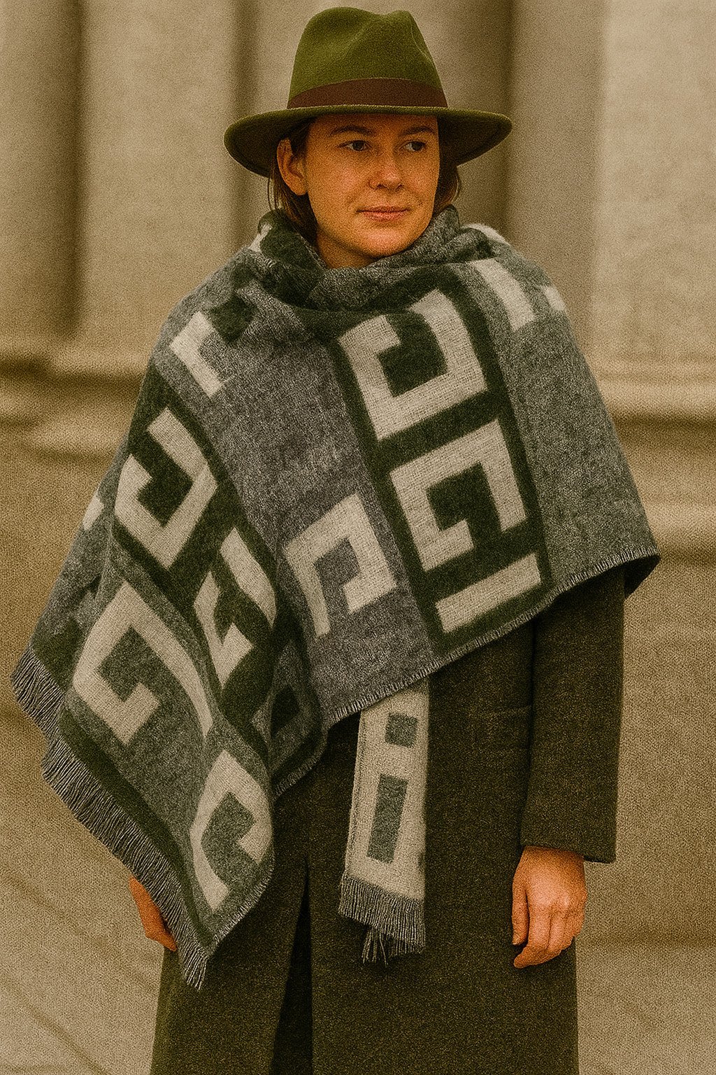 Gri Yeşil  Harfli Kalın Simli Büyük Şal