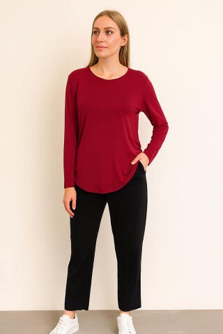 İnce  Bordo  İtalyan Yuvarlak  Yaka Triko Bluz