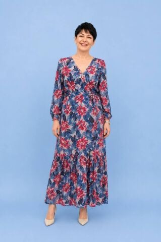 Desenli Uzun Kollu Floral Desenli Uzun Elbise