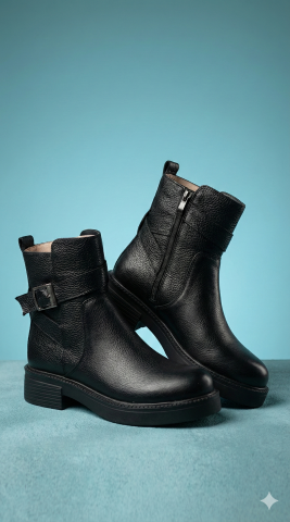 Hakiki Deri Fermuarlı Siyah Bot