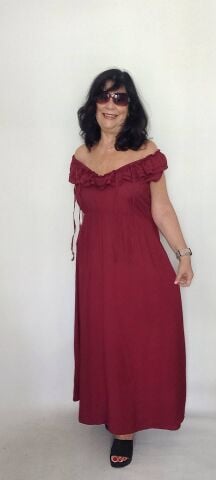 İtalyan Bordo Geniş Fırfırlı Yaka Uzun Elbise