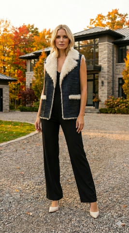 Kemik Peluşlu Siyah Jean Çift Taraflı Yelek