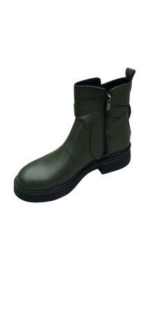 Haki Yeşil Yandan  Fermuarlı Hakiki  Deri Kalın Taban Bot
