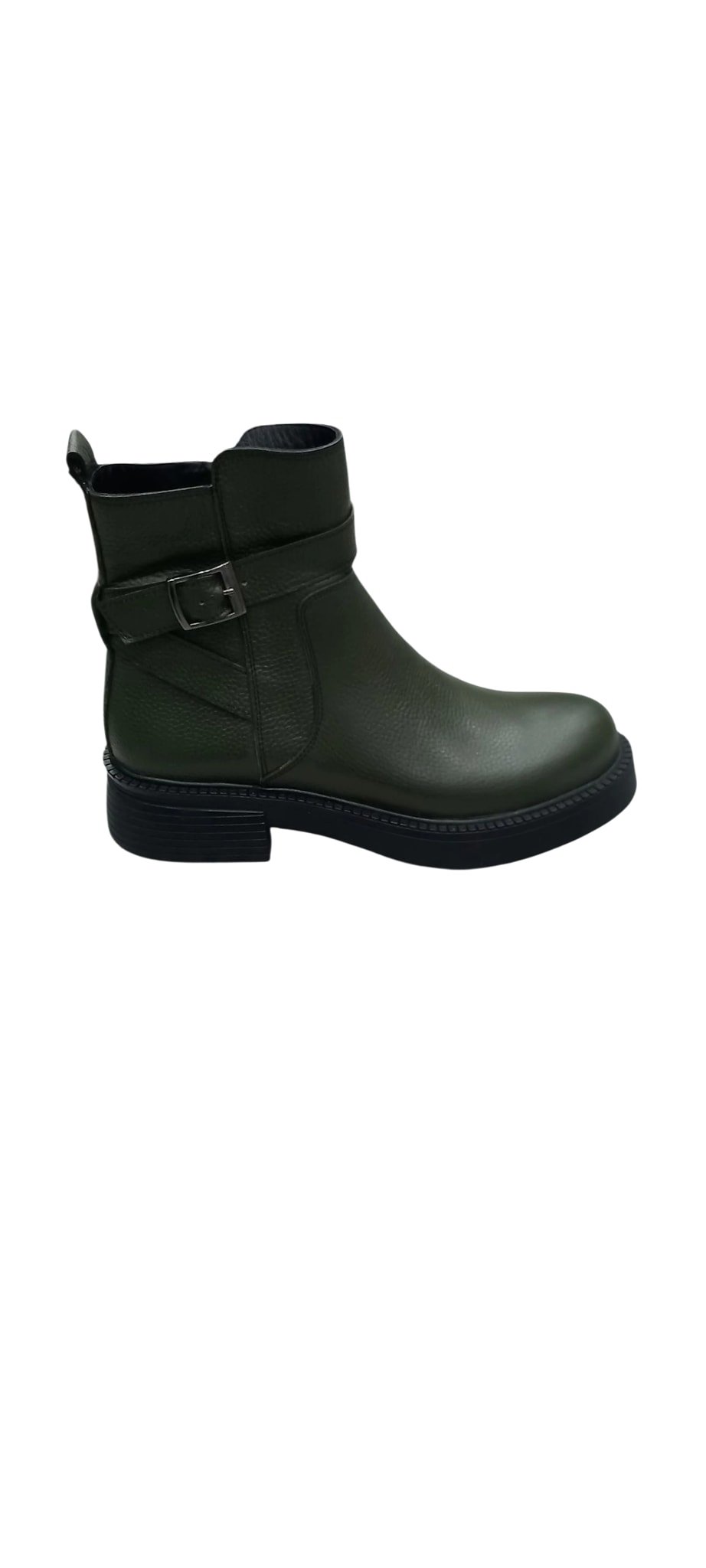 Haki Yeşil Yandan  Fermuarlı Hakiki  Deri Kalın Taban Bot