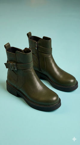 Hakiki Deri Fermuarlı Haki Bot