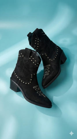 Hakiki Deri Süet Siyah Kovboy Botu